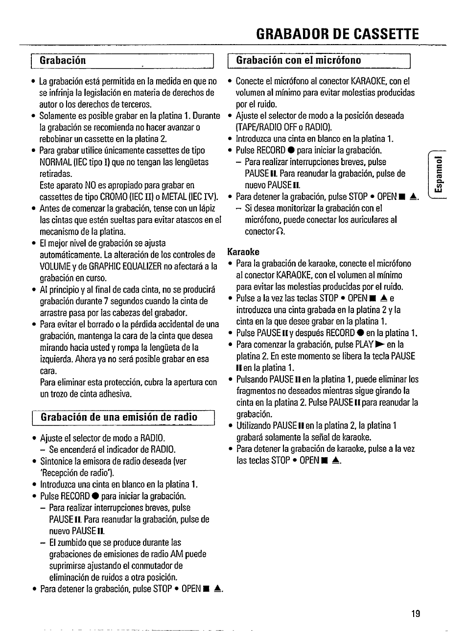 Grabación, Grabación con el micrófono, Karaoke | Grabador de cassette, Grabación grabación con el micrófono, Grabación de una emisión de radio | Philips AW 7550 User Manual | Page 7 / 14