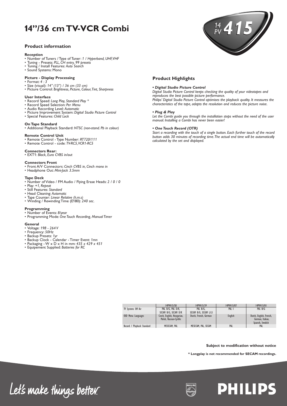 14’’/36 cm tv-vcr combi | Philips PV 415PV User Manual | Page 2 / 2