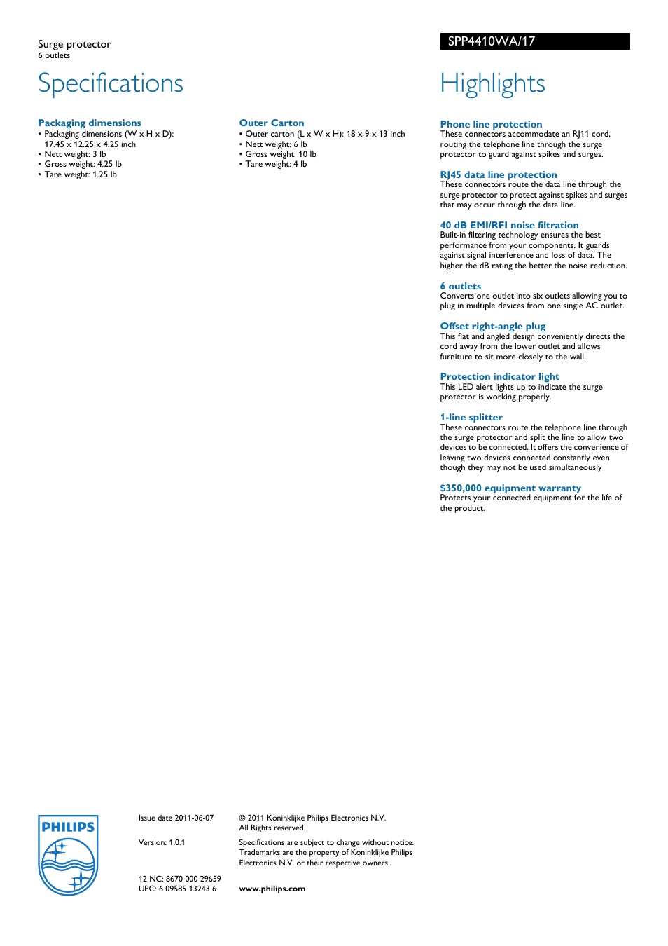 Specifications, Highlights | Philips SPP4410WA User Manual | Page 2 / 2