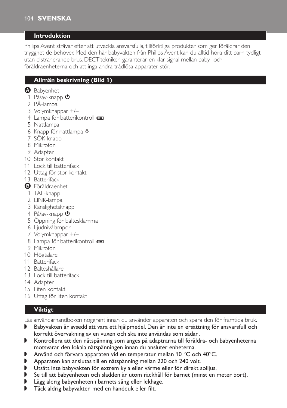 Svenska, Introduktion, Allmän beskrivning (bild 1) | Viktigt | Philips SCD497 User Manual | Page 104 / 124