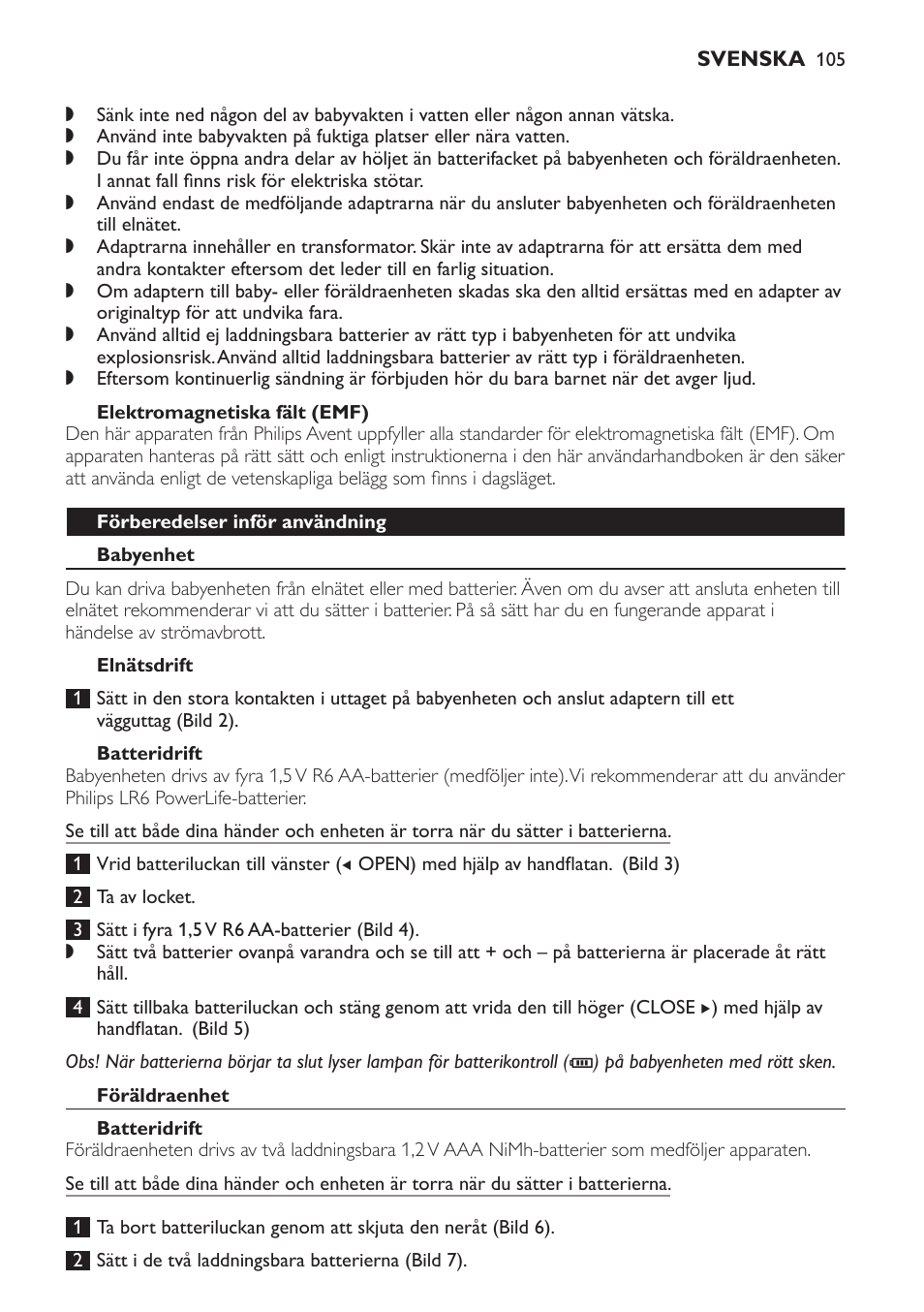 Elektromagnetiska fält (emf), Förberedelser inför användning, Babyenhet | Elnätsdrift, Batteridrift, Föräldraenhet | Philips SCD497 User Manual | Page 105 / 124