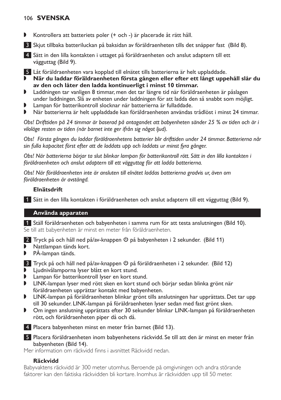 Elnätsdrift, Räckvidd, Använda apparaten | Philips SCD497 User Manual | Page 106 / 124