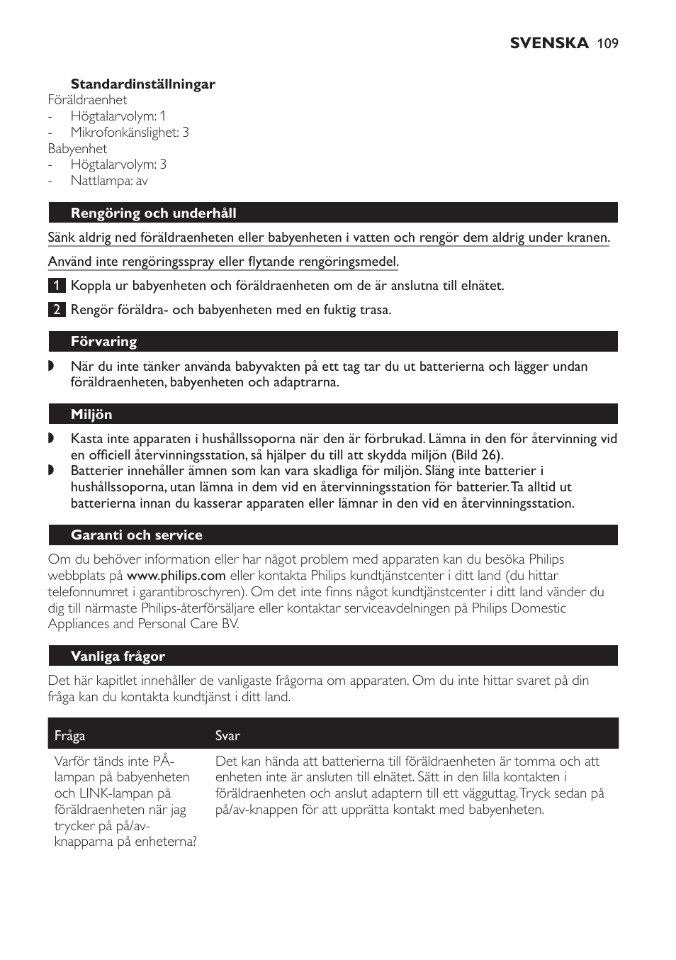 Standardinställningar, Rengöring och underhåll, Förvaring | Miljön, Garanti och service, Vanliga frågor | Philips SCD497 User Manual | Page 109 / 124