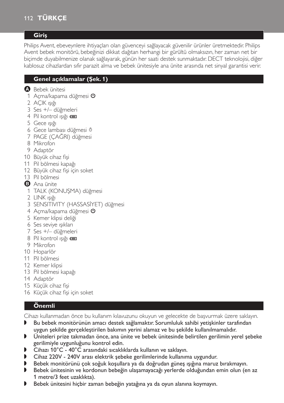 Türkçe, Giriş, Genel açıklamalar (şek. 1) | Önemli | Philips SCD497 User Manual | Page 112 / 124