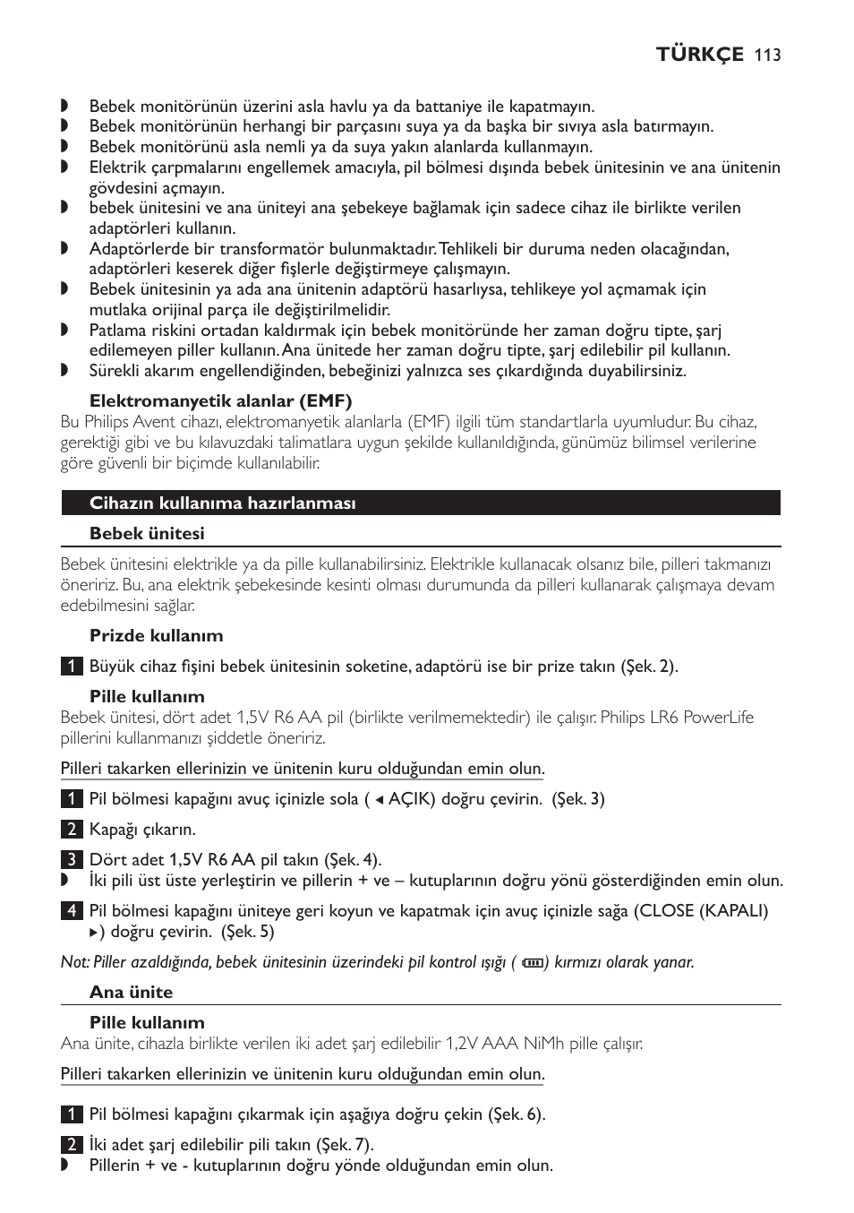 Elektromanyetik alanlar (emf), Cihazın kullanıma hazırlanması, Bebek ünitesi | Prizde kullanım, Pille kullanım, Ana ünite | Philips SCD497 User Manual | Page 113 / 124