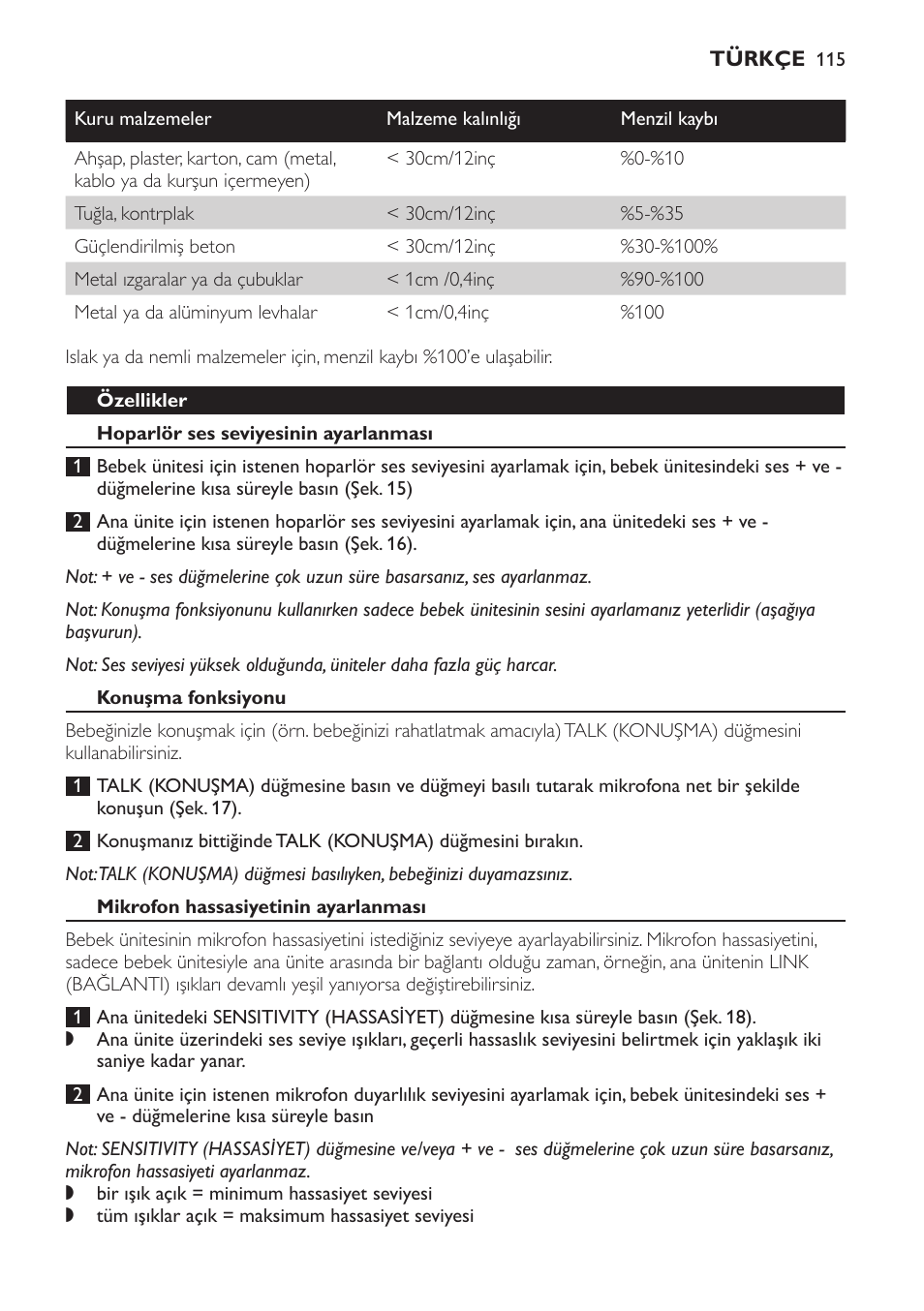 Özellikler, Hoparlör ses seviyesinin ayarlanması, Konuşma fonksiyonu | Mikrofon hassasiyetinin ayarlanması | Philips SCD497 User Manual | Page 115 / 124