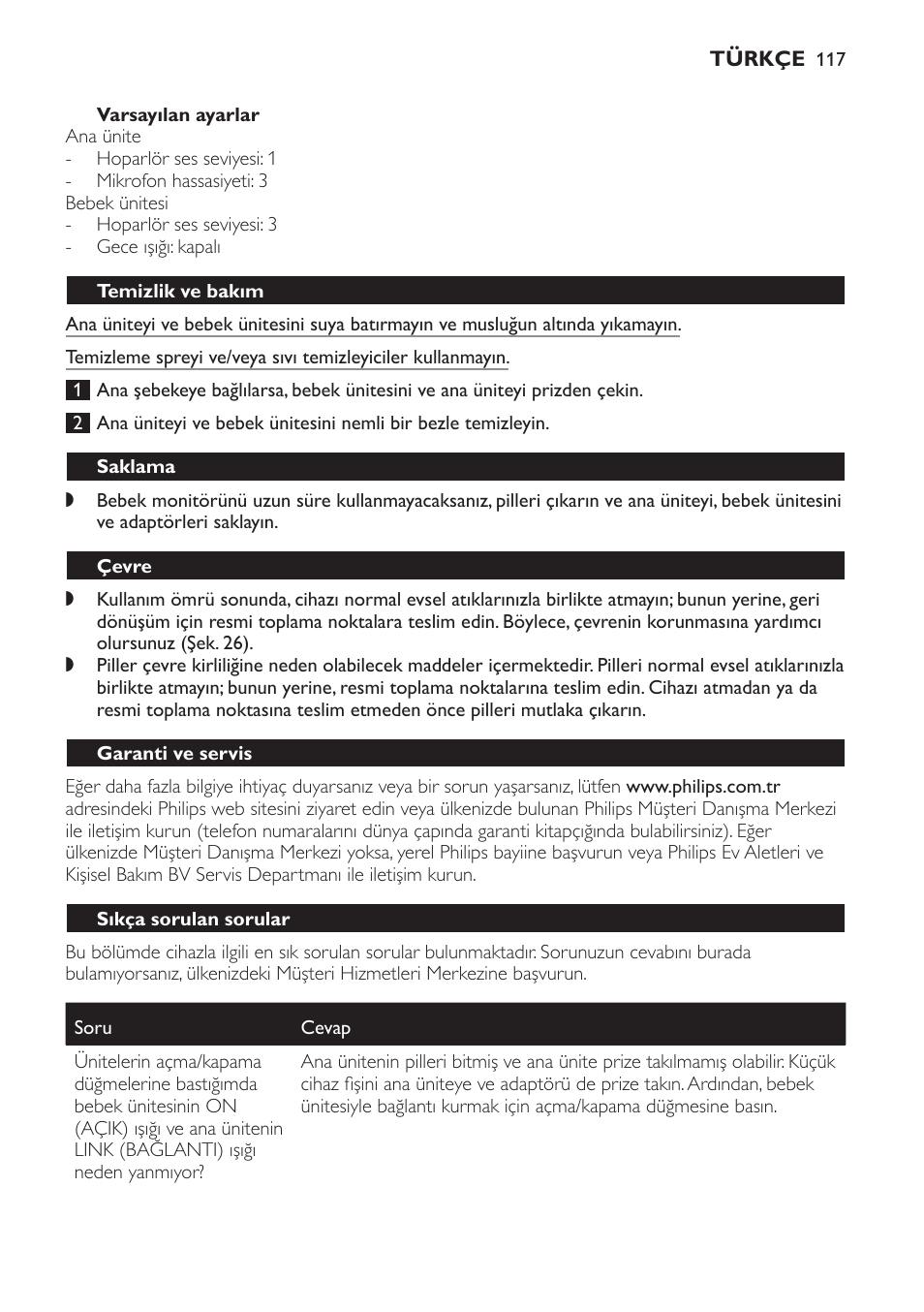 Varsayılan ayarlar, Temizlik ve bakım, Saklama | Çevre, Garanti ve servis, Sıkça sorulan sorular | Philips SCD497 User Manual | Page 117 / 124