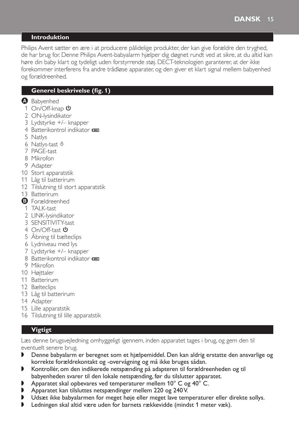 Dansk, Introduktion, Generel beskrivelse (fig. 1) | Vigtigt | Philips SCD497 User Manual | Page 15 / 124