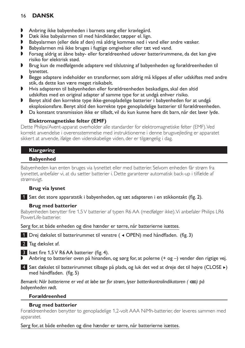 Elektromagnetiske felter (emf), Klargøring, Babyenhed | Brug via lysnet, Brug med batterier, Forældreenhed | Philips SCD497 User Manual | Page 16 / 124