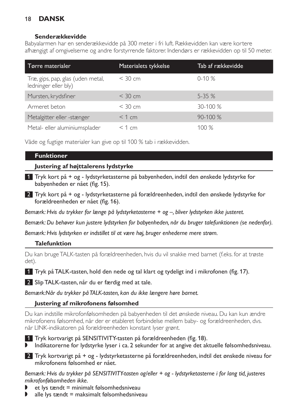 Senderækkevidde, Funktioner, Justering af højttalerens lydstyrke | Talefunktion, Justering af mikrofonens følsomhed | Philips SCD497 User Manual | Page 18 / 124