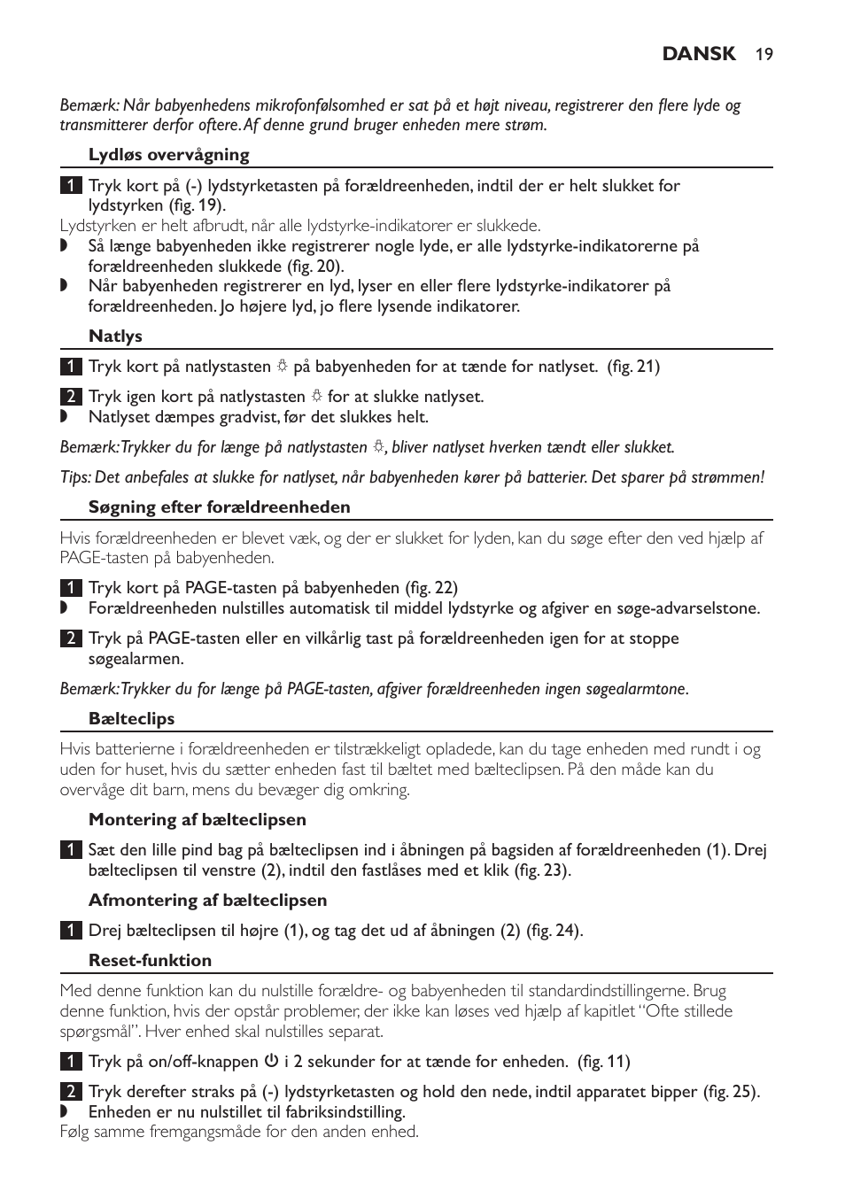 Lydløs overvågning, Natlys, Søgning efter forældreenheden | Bælteclips, Montering af bælteclipsen, Afmontering af bælteclipsen, Reset-funktion | Philips SCD497 User Manual | Page 19 / 124