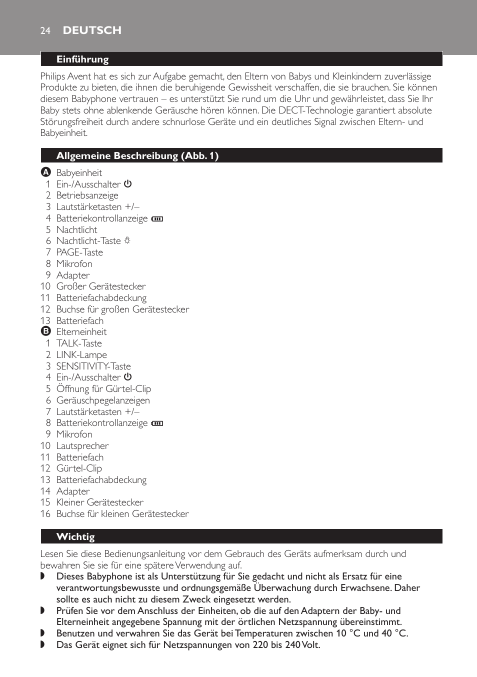 Deutsch, Einführung, Allgemeine beschreibung (abb. 1) | Wichtig | Philips SCD497 User Manual | Page 24 / 124