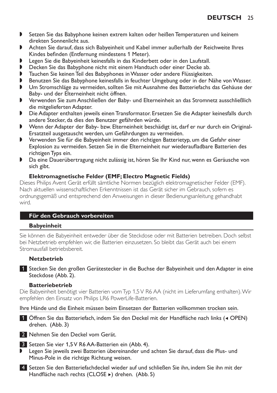 Für den gebrauch vorbereiten, Babyeinheit, Netzbetrieb | Batteriebetrieb | Philips SCD497 User Manual | Page 25 / 124