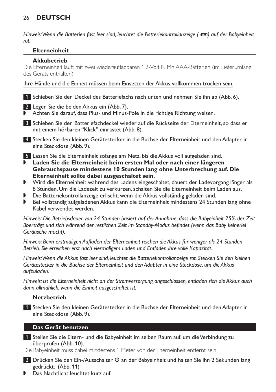 Elterneinheit, Akkubetrieb, Netzbetrieb | Das gerät benutzen | Philips SCD497 User Manual | Page 26 / 124