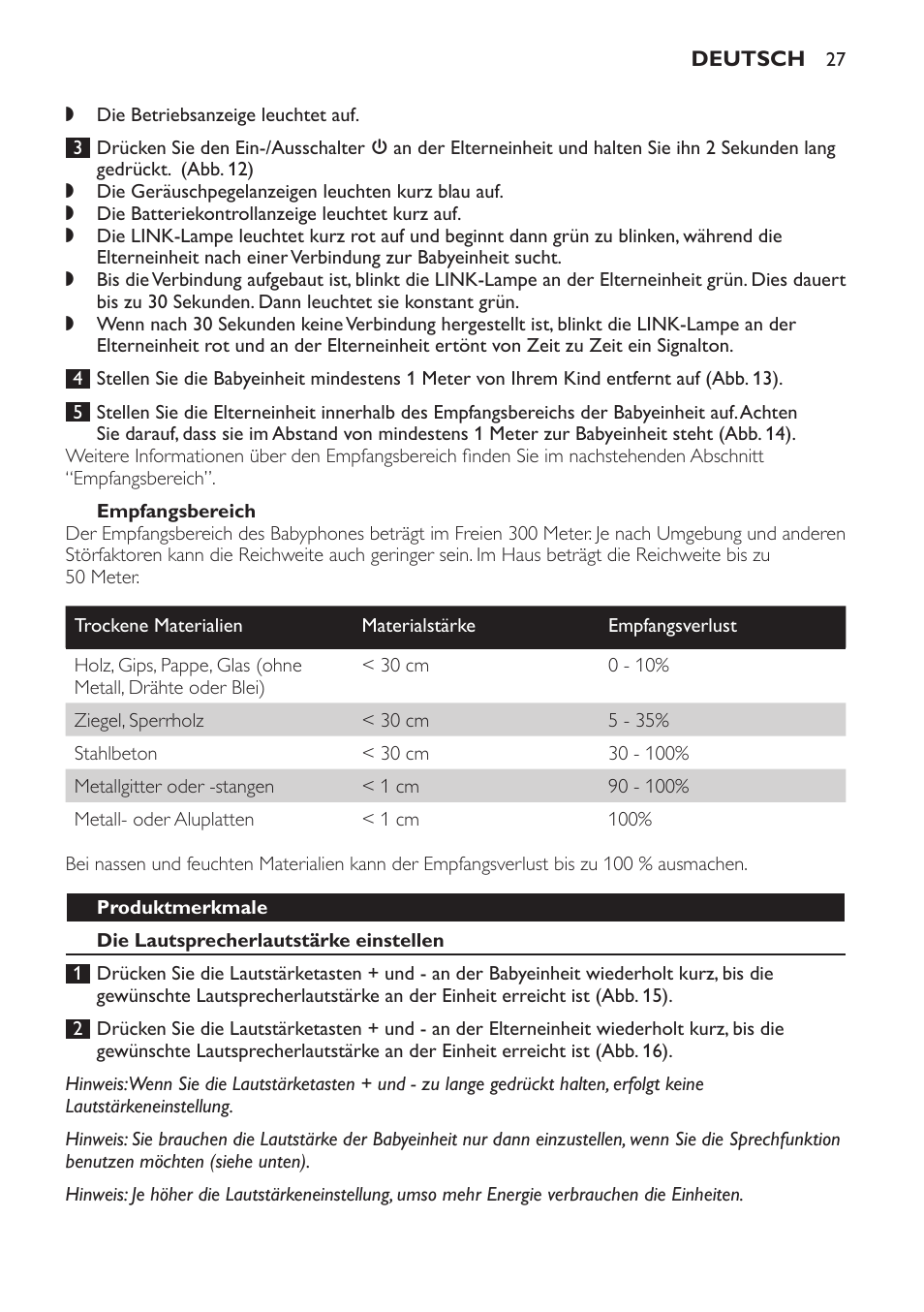 Empfangsbereich, Produktmerkmale, Die lautsprecherlautstärke einstellen | Philips SCD497 User Manual | Page 27 / 124