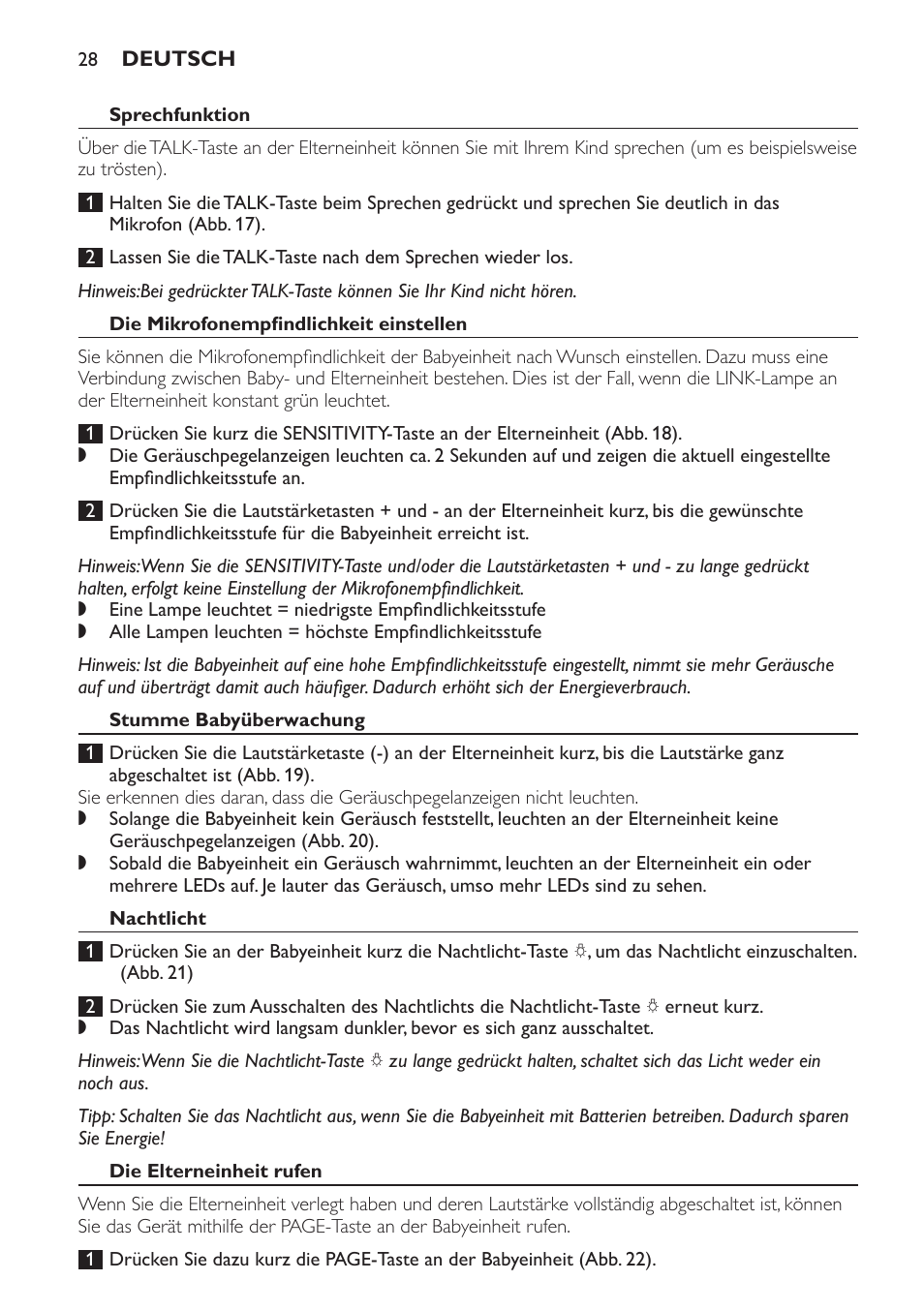 Sprechfunktion, Die mikrofonempfindlichkeit einstellen, Stumme babyüberwachung | Nachtlicht, Die elterneinheit rufen | Philips SCD497 User Manual | Page 28 / 124