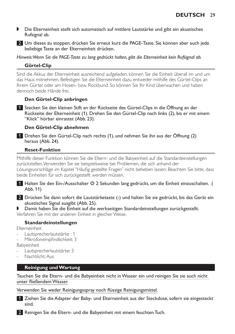 Gürtel-clip, Den gürtel-clip anbringen, Den gürtel-clip abnehmen | Reset-funktion, Standardeinstellungen, Reinigung und wartung | Philips SCD497 User Manual | Page 29 / 124