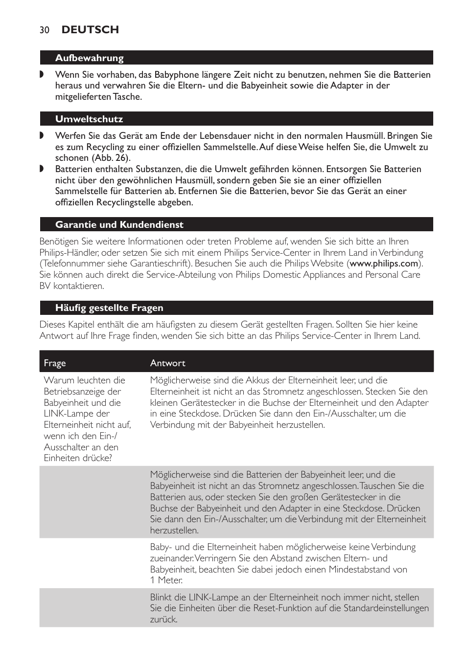 Aufbewahrung, Umweltschutz, Garantie und kundendienst | Häufig gestellte fragen | Philips SCD497 User Manual | Page 30 / 124