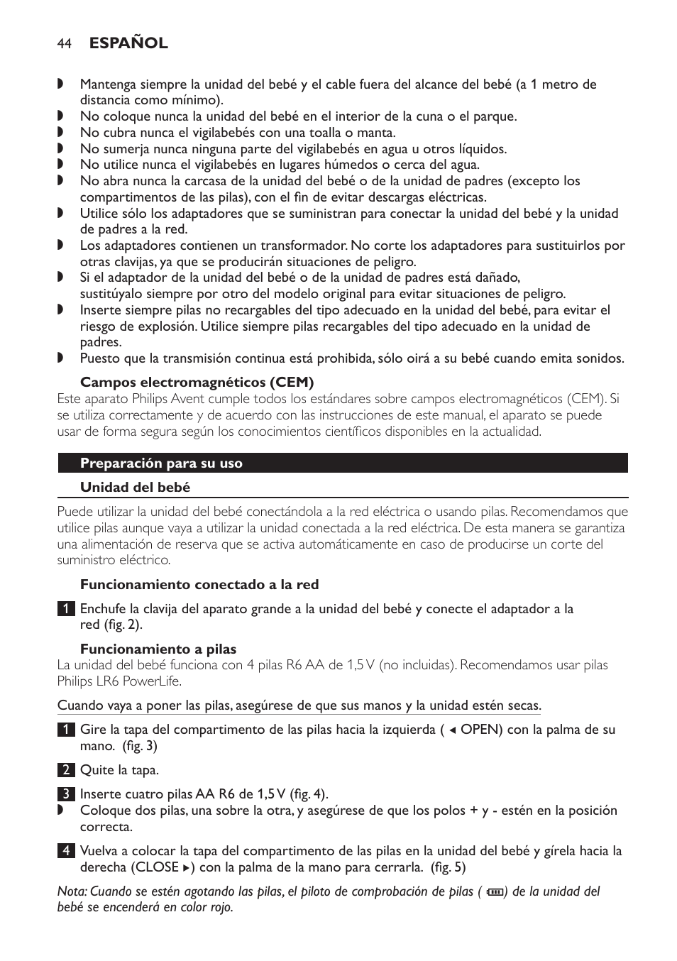 Campos electromagnéticos (cem), Preparación para su uso, Unidad del bebé | Funcionamiento conectado a la red, Funcionamiento a pilas | Philips SCD497 User Manual | Page 44 / 124