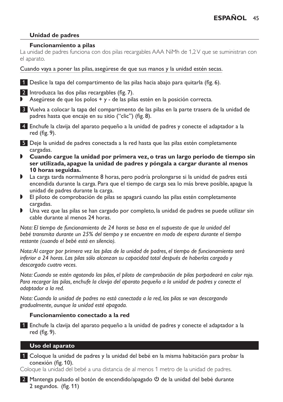 Unidad de padres, Funcionamiento a pilas, Funcionamiento conectado a la red | Uso del aparato | Philips SCD497 User Manual | Page 45 / 124