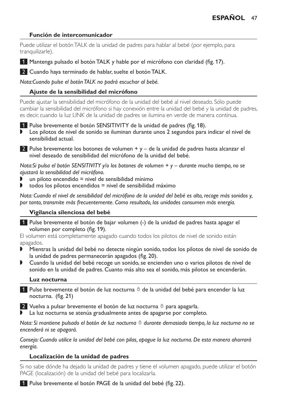 Función de intercomunicador, Ajuste de la sensibilidad del micrófono, Vigilancia silenciosa del bebé | Luz nocturna, Localización de la unidad de padres | Philips SCD497 User Manual | Page 47 / 124