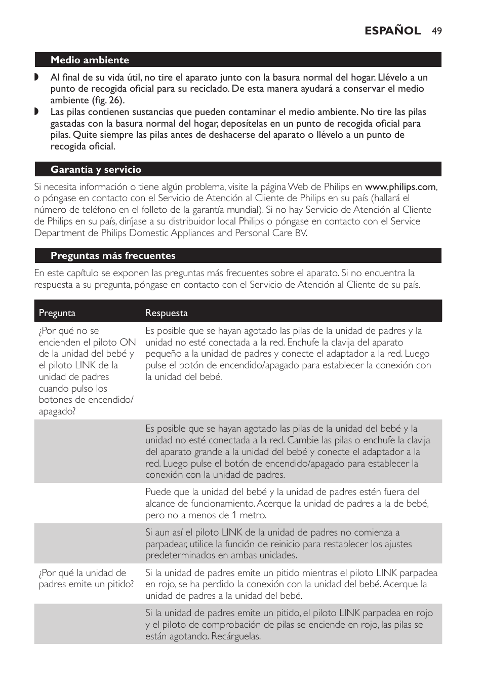 Medio ambiente, Garantía y servicio, Preguntas más frecuentes | Philips SCD497 User Manual | Page 49 / 124