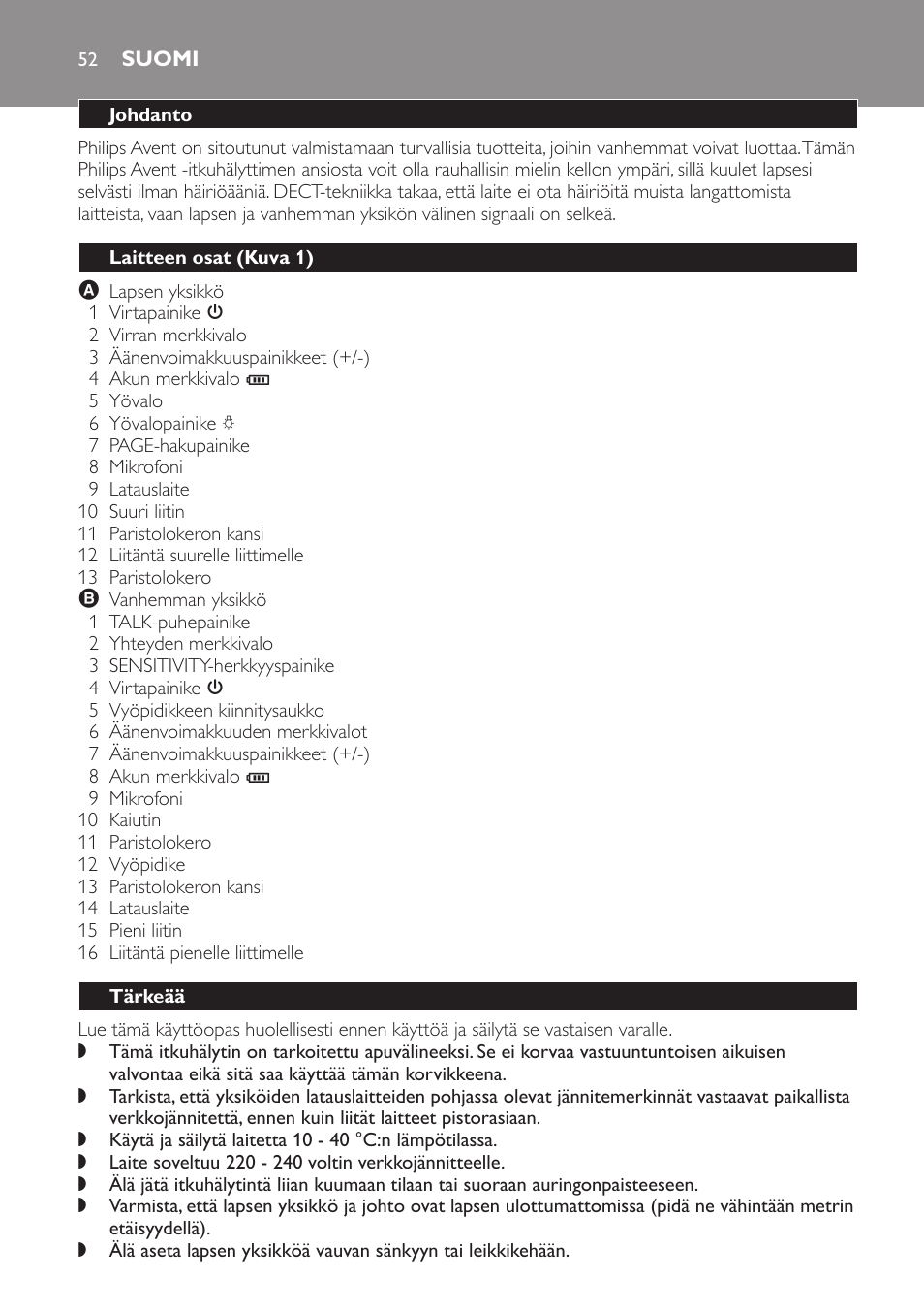 Suomi, Johdanto, Laitteen osat (kuva 1) | Tärkeää | Philips SCD497 User Manual | Page 52 / 124