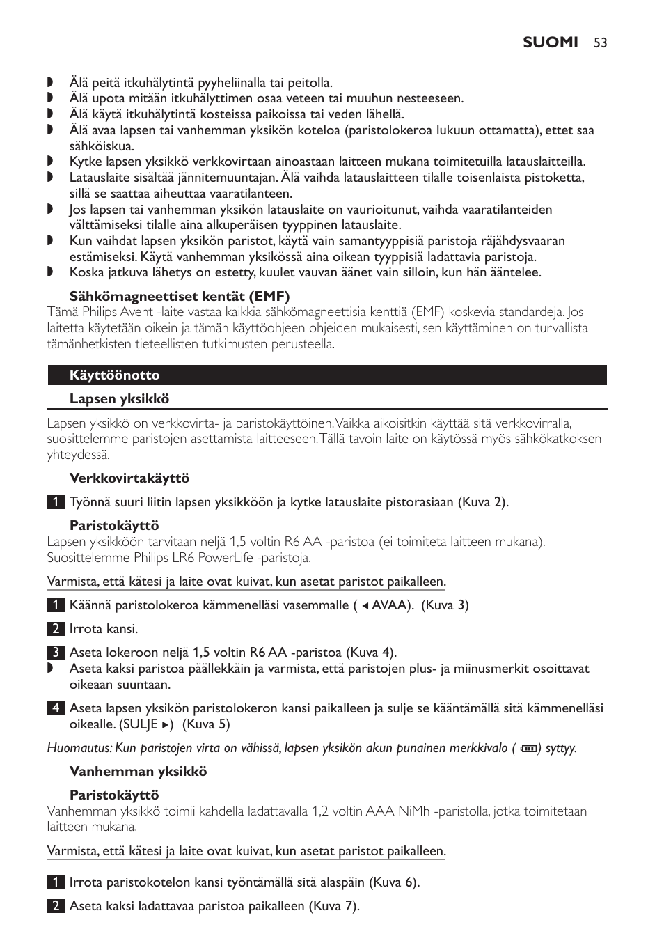 Sähkömagneettiset kentät (emf), Käyttöönotto, Lapsen yksikkö | Verkkovirtakäyttö, Paristokäyttö, Vanhemman yksikkö | Philips SCD497 User Manual | Page 53 / 124
