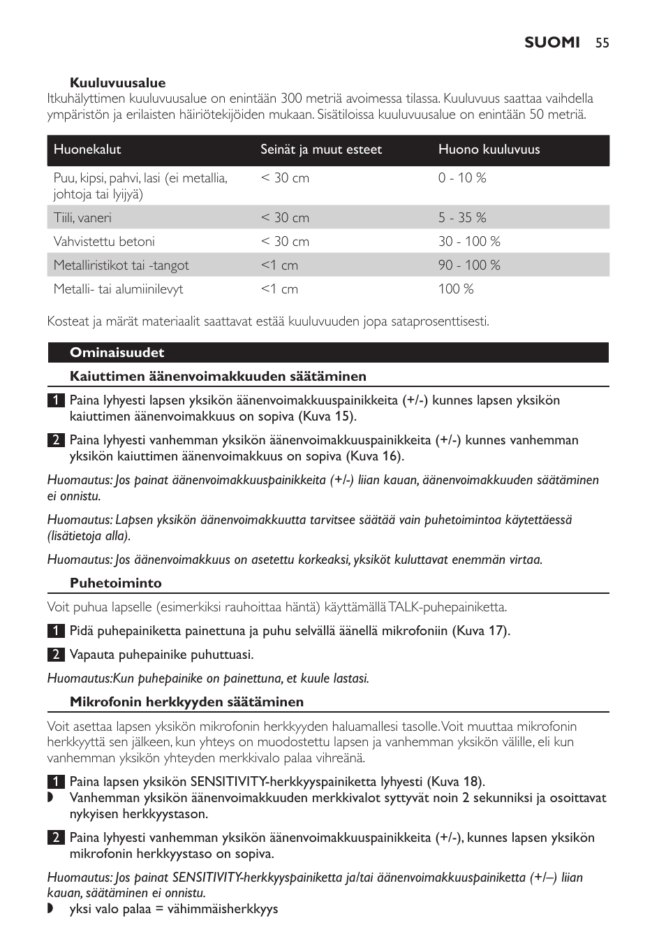 Kuuluvuusalue, Ominaisuudet, Kaiuttimen äänenvoimakkuuden säätäminen | Puhetoiminto, Mikrofonin herkkyyden säätäminen | Philips SCD497 User Manual | Page 55 / 124