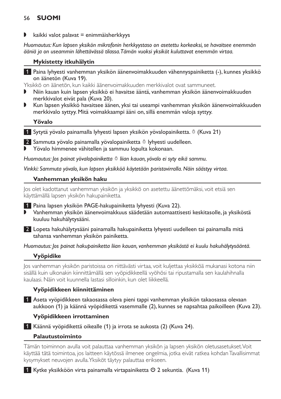 Mykistetty itkuhälytin, Yövalo, Vanhemman yksikön haku | Vyöpidike, Vyöpidikkeen kiinnittäminen, Vyöpidikkeen irrottaminen, Palautustoiminto | Philips SCD497 User Manual | Page 56 / 124