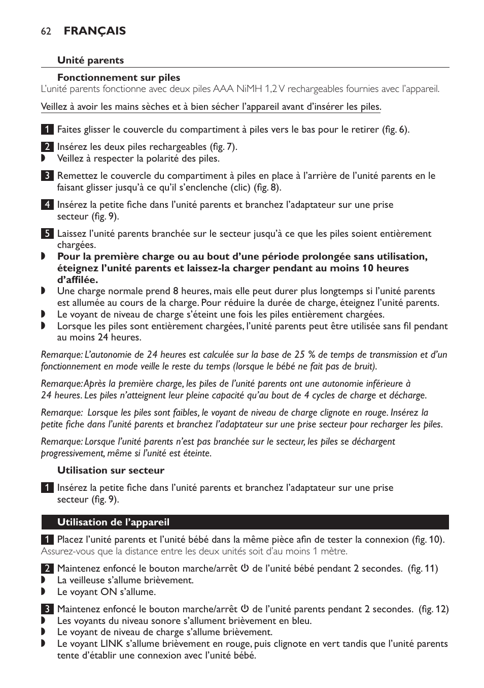 Unité parents, Fonctionnement sur piles, Utilisation sur secteur | Utilisation de l’appareil | Philips SCD497 User Manual | Page 62 / 124