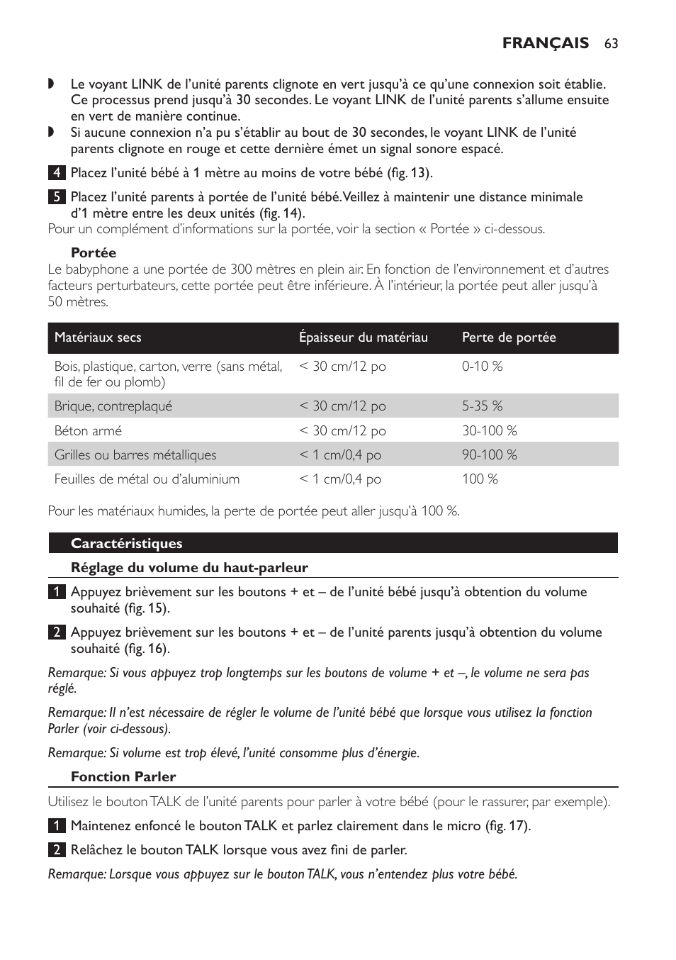 Portée, Caractéristiques, Réglage du volume du haut-parleur | Fonction parler | Philips SCD497 User Manual | Page 63 / 124