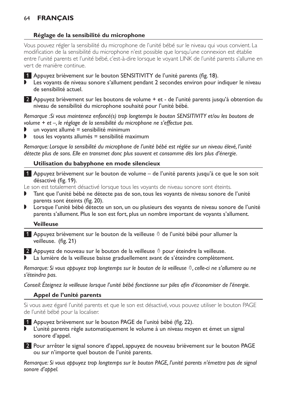 Réglage de la sensibilité du microphone, Utilisation du babyphone en mode silencieux, Veilleuse | Appel de l’unité parents | Philips SCD497 User Manual | Page 64 / 124