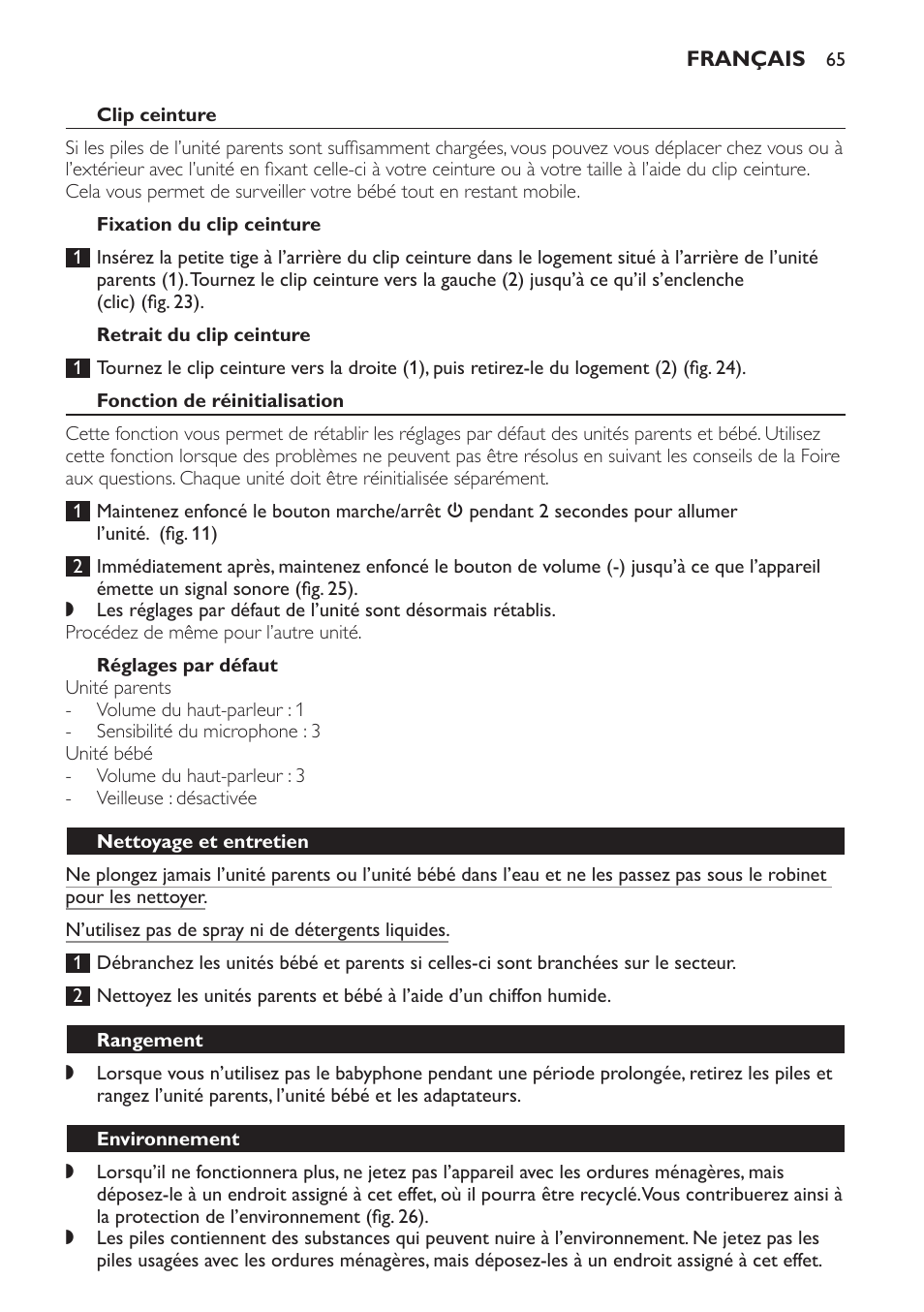 Clip ceinture, Fixation du clip ceinture, Retrait du clip ceinture | Fonction de réinitialisation, Réglages par défaut, Nettoyage et entretien, Rangement, Environnement | Philips SCD497 User Manual | Page 65 / 124