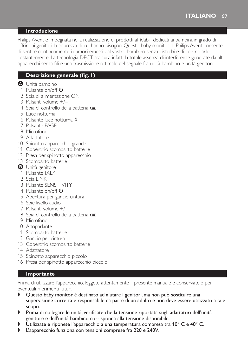 Italiano, Introduzione, Descrizione generale (fig. 1) | Importante | Philips SCD497 User Manual | Page 69 / 124