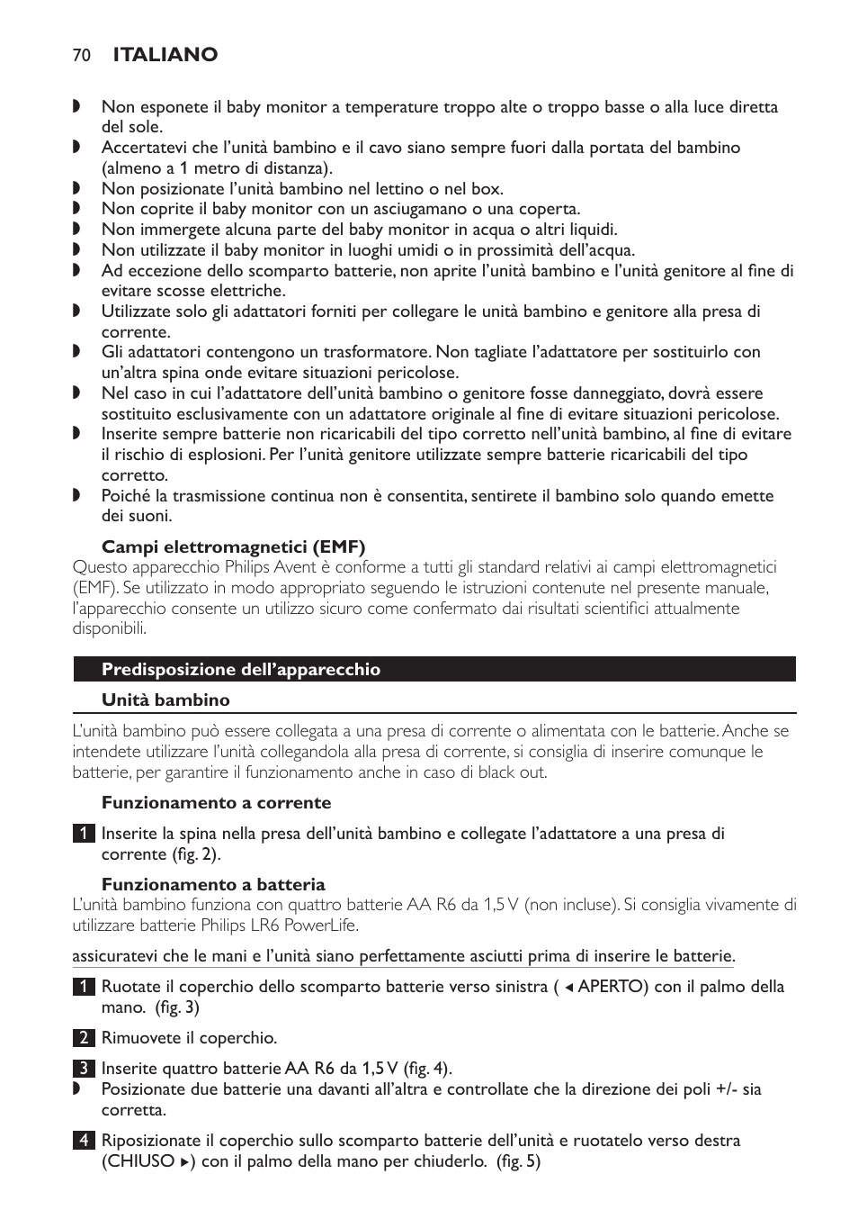 Campi elettromagnetici (emf), Predisposizione dell’apparecchio, Unità bambino | Funzionamento a corrente, Funzionamento a batteria | Philips SCD497 User Manual | Page 70 / 124