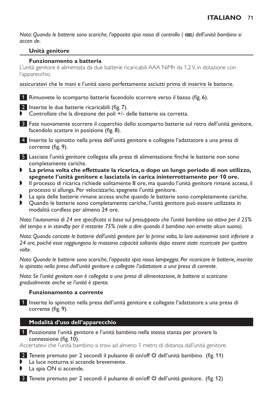 Unità genitore, Funzionamento a batteria, Funzionamento a corrente | Modalità d’uso dell’apparecchio | Philips SCD497 User Manual | Page 71 / 124
