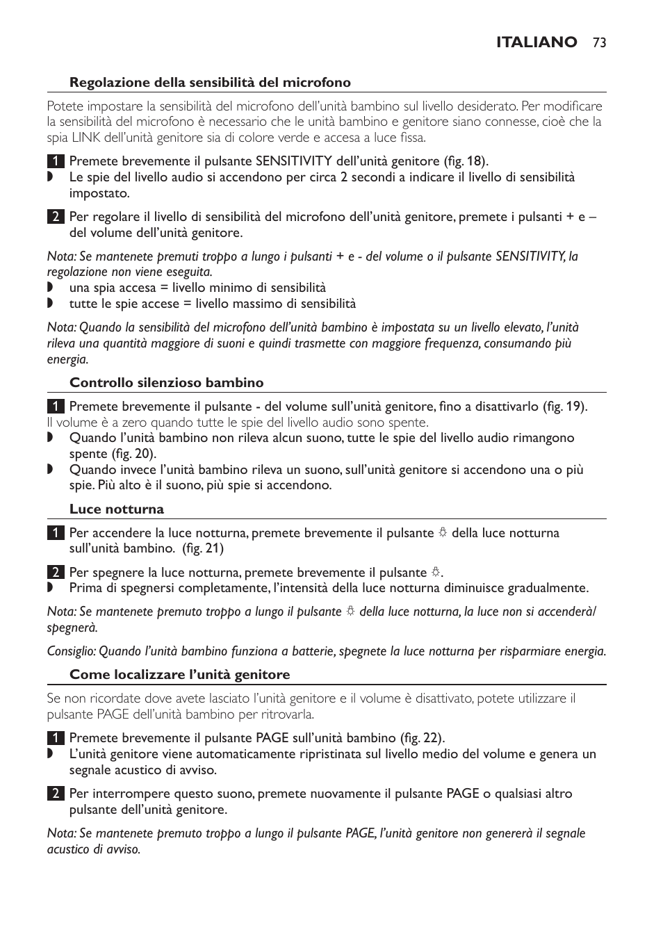 Regolazione della sensibilità del microfono, Controllo silenzioso bambino, Luce notturna | Come localizzare l’unità genitore | Philips SCD497 User Manual | Page 73 / 124