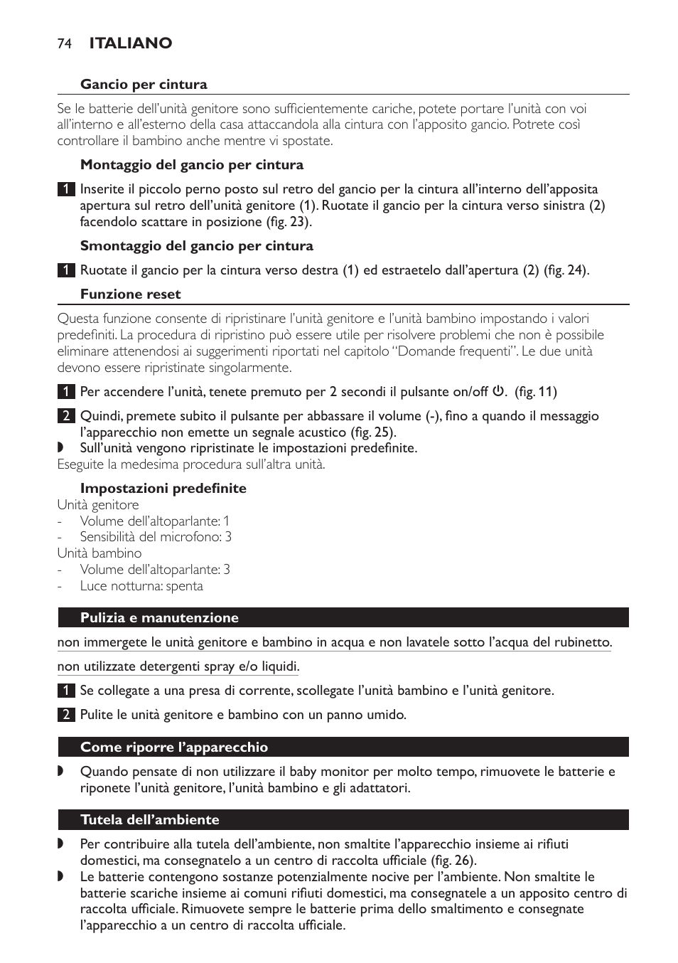 Gancio per cintura, Montaggio del gancio per cintura, Smontaggio del gancio per cintura | Funzione reset, Impostazioni predefinite, Pulizia e manutenzione, Come riporre l’apparecchio, Tutela dell’ambiente | Philips SCD497 User Manual | Page 74 / 124