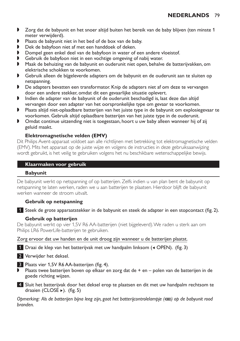 Elektromagnetische velden (emv), Klaarmaken voor gebruik, Babyunit | Gebruik op netspanning, Gebruik op batterijen | Philips SCD497 User Manual | Page 79 / 124