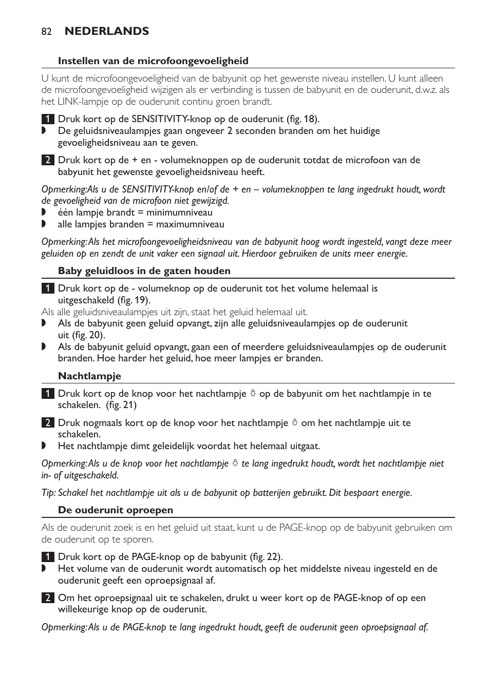 Instellen van de microfoongevoeligheid, Baby geluidloos in de gaten houden, Nachtlampje | De ouderunit oproepen | Philips SCD497 User Manual | Page 82 / 124