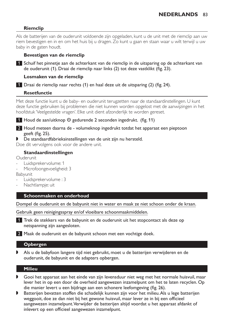 Riemclip, Bevestigen van de riemclip, Losmaken van de riemclip | Resetfunctie, Standaardinstellingen, Schoonmaken en onderhoud, Opbergen, Milieu | Philips SCD497 User Manual | Page 83 / 124