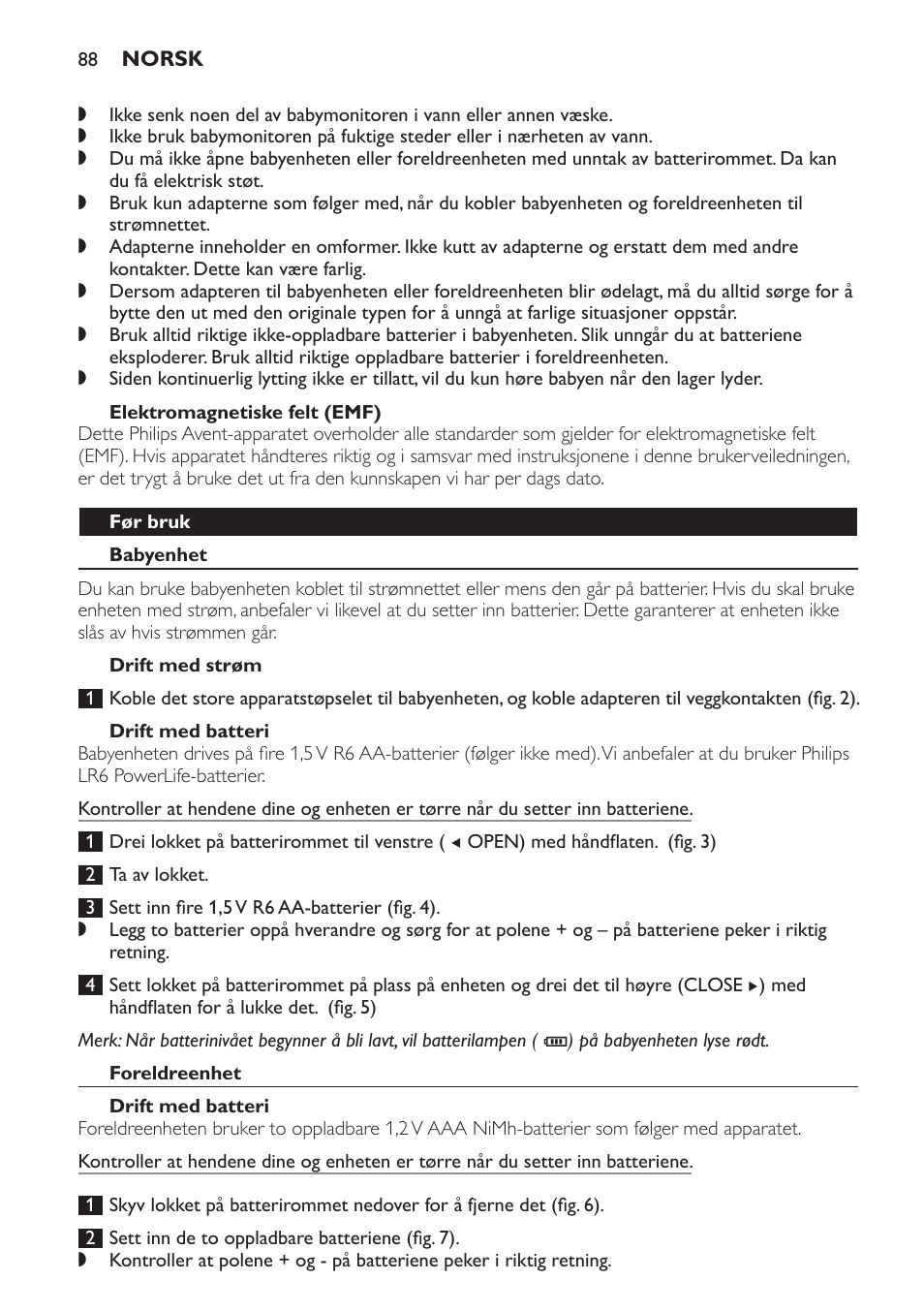 Elektromagnetiske felt (emf), Før bruk, Babyenhet | Drift med strøm, Drift med batteri, Foreldreenhet | Philips SCD497 User Manual | Page 88 / 124