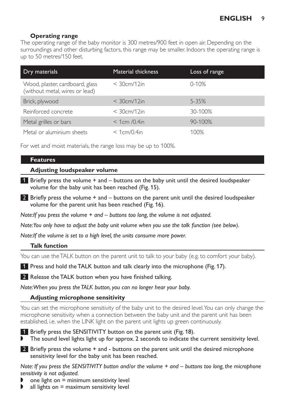 Operating range, Features, Adjusting loudspeaker volume | Talk function, Adjusting microphone sensitivity | Philips SCD497 User Manual | Page 9 / 124