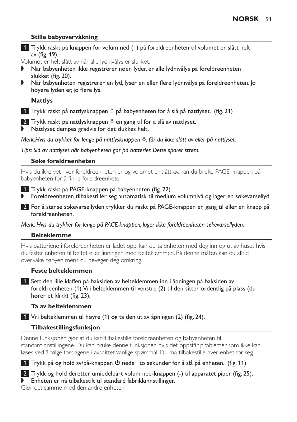 Stille babyovervåkning, Nattlys, Søke foreldreenheten | Belteklemme, Feste belteklemmen, Ta av belteklemmen, Tilbakestillingsfunksjon, Standardinnstillinger | Philips SCD497 User Manual | Page 91 / 124