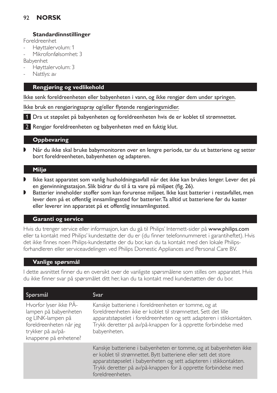 Rengjøring og vedlikehold, Oppbevaring, Miljø | Garanti og service, Vanlige spørsmål | Philips SCD497 User Manual | Page 92 / 124