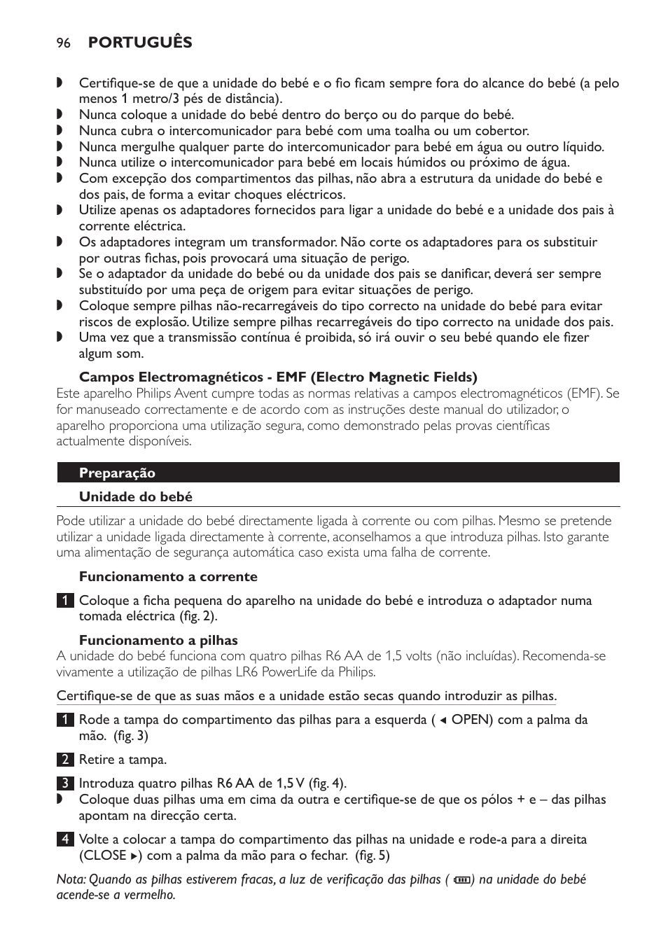 Preparação, Unidade do bebé, Funcionamento a corrente | Funcionamento a pilhas | Philips SCD497 User Manual | Page 96 / 124