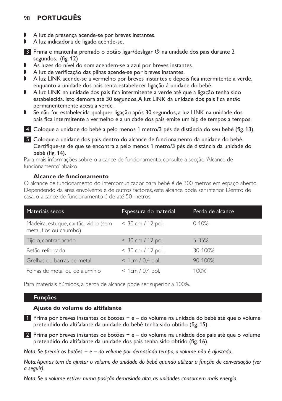 Alcance de funcionamento, Funções, Ajuste do volume do altifalante | Philips SCD497 User Manual | Page 98 / 124