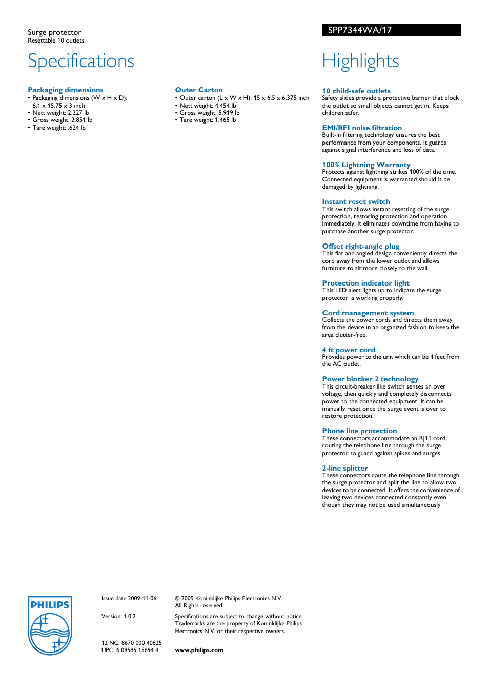 Specifications, Highlights | Philips SPP7344WA/17 User Manual | Page 2 / 2