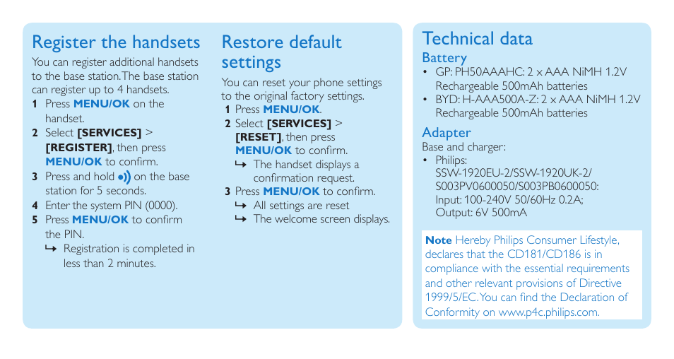 Register the handsets, Restore default settings, Technical data | Philips CD186 User Manual | Page 10 / 12